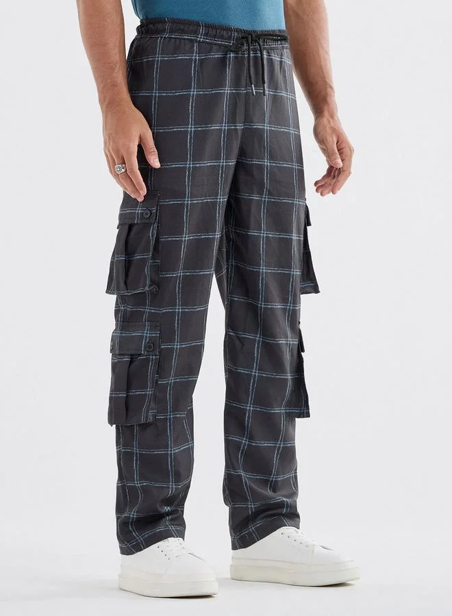 Splash FAV Checked Regular Fit Cargo Pants with Drawstring Closure and Pockets