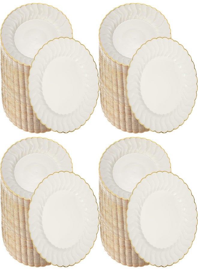 Mifoci 100 Pcs 7.5 Inch Ivory Scalloped Plastic Plates with Gold Rim Bulk Disposable Plates Salad Dessert Appetizer Cake Elegant Fancy Tableware for Party Holiday, Wedding, Catering Table Decoration - Image 1