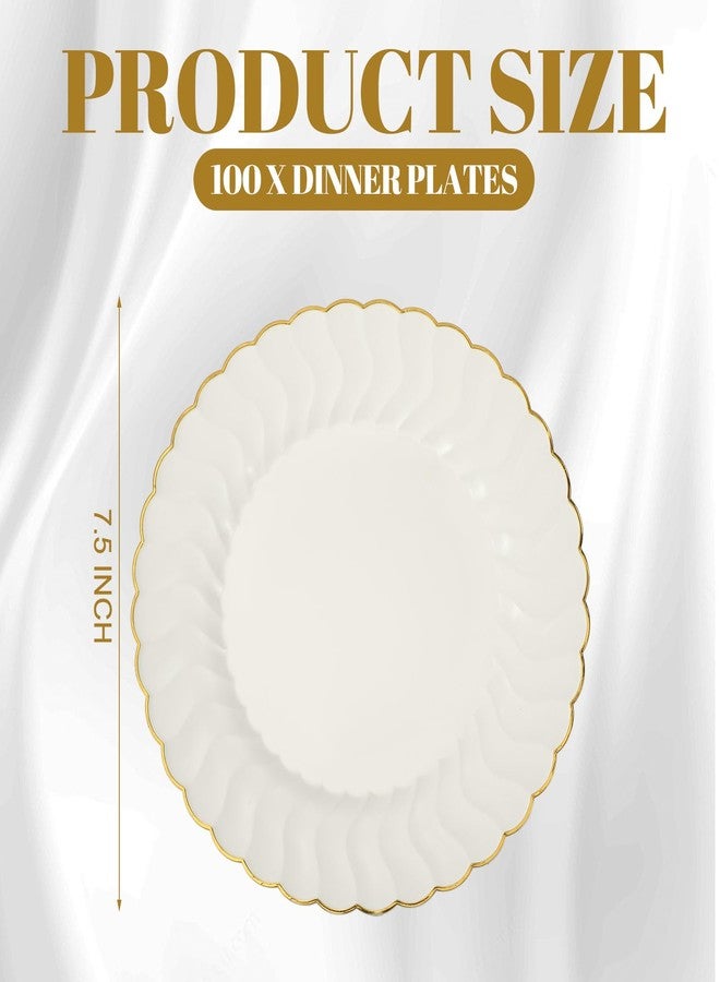 Mifoci 100 Pcs 7.5 Inch Ivory Scalloped Plastic Plates with Gold Rim Bulk Disposable Plates Salad Dessert Appetizer Cake Elegant Fancy Tableware for Party Holiday, Wedding, Catering Table Decoration - Image 2