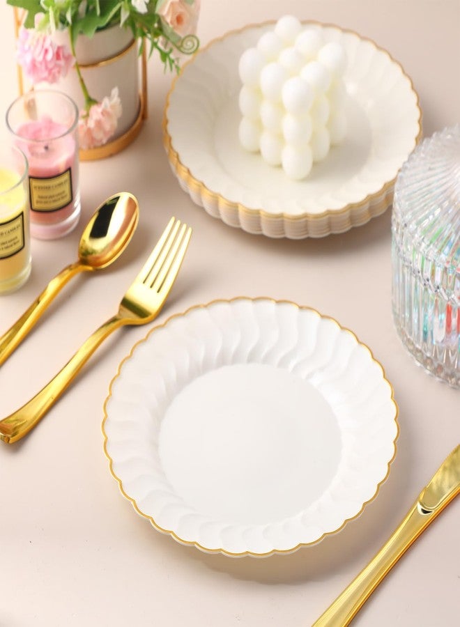Mifoci 100 Pcs 7.5 Inch Ivory Scalloped Plastic Plates with Gold Rim Bulk Disposable Plates Salad Dessert Appetizer Cake Elegant Fancy Tableware for Party Holiday, Wedding, Catering Table Decoration - Image 3