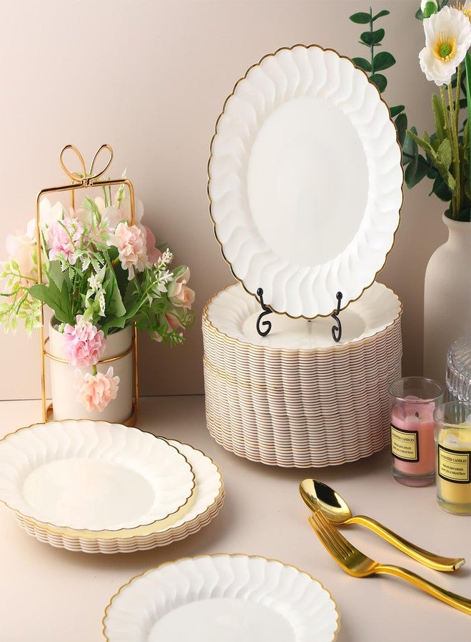 Mifoci 100 Pcs 7.5 Inch Ivory Scalloped Plastic Plates with Gold Rim Bulk Disposable Plates Salad Dessert Appetizer Cake Elegant Fancy Tableware for Party Holiday, Wedding, Catering Table Decoration - Image 5