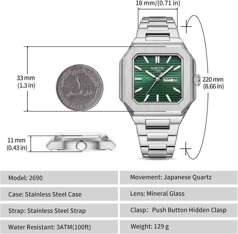 NIBOSI Men's Business Analog Watch with Minimalist Green Dial and Stainless Steel Strap - Image 2