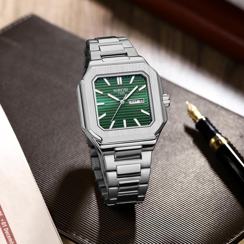 NIBOSI Men's Business Analog Watch with Minimalist Green Dial and Stainless Steel Strap - Image 4