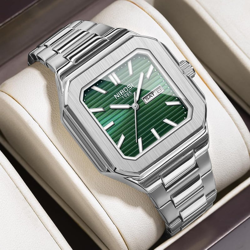 NIBOSI Men's Business Analog Watch with Minimalist Green Dial and Stainless Steel Strap - Image 3