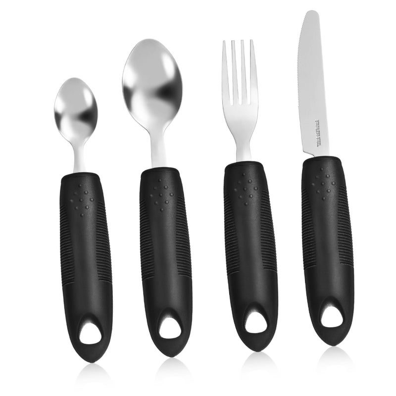 1 Set Black Adaptive Weighted Eating Utensils for Elderly Care Non Slip Ergonomic Handles Spoons Forks Stability Control - Image 2