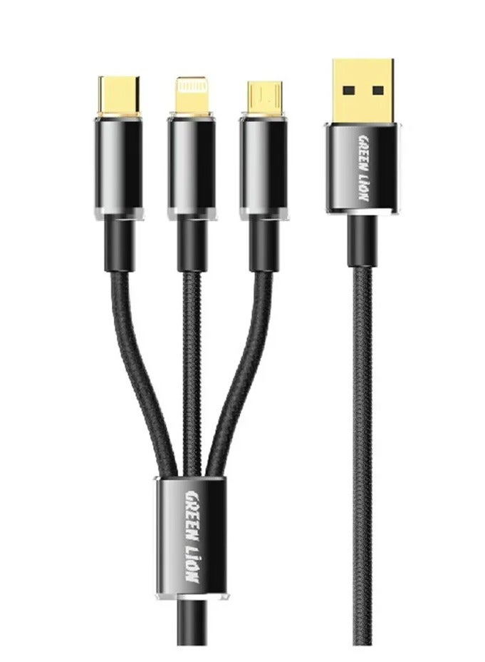 GREEN LION Transparent 3 in 1 Braided Cable ( USB-C / Lightning / Micro ) 1M / Quick Charge Cable - Black - Image 1
