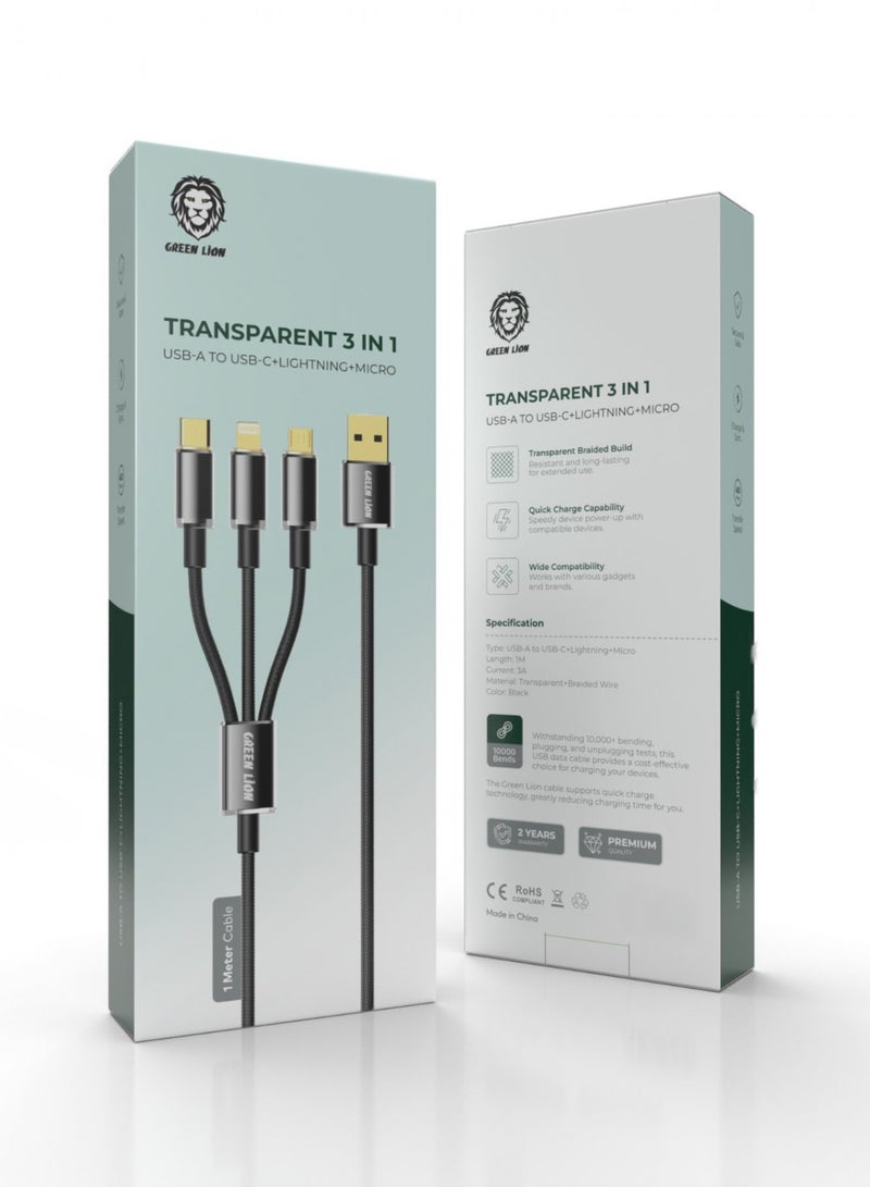 GREEN LION Transparent 3 in 1 Braided Cable ( USB-C / Lightning / Micro ) 1M / Quick Charge Cable - Black - Image 2