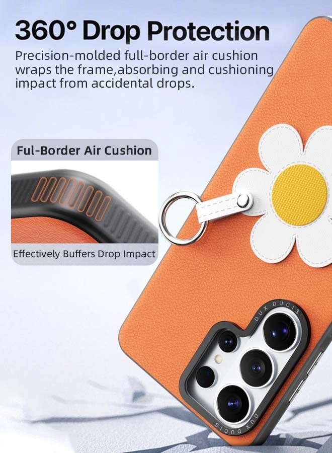 DUX DUCIS Samsung Galaxy S26 Ultra Case with LUVY Series, Combination of Fine PU Leather and Aluminum Alloy Materials, [Full-Border Air Cushion Drop Protection][Enhanced Camera and Button Protection][Detachable Wrist Strap][Built-in Metal Finger Ring] Micro-Sand Drop Protection Cover with Daisy Flower Decoration Design for Samsung Galaxy S26 Ultra 6.9 inch, Orange - Image 5