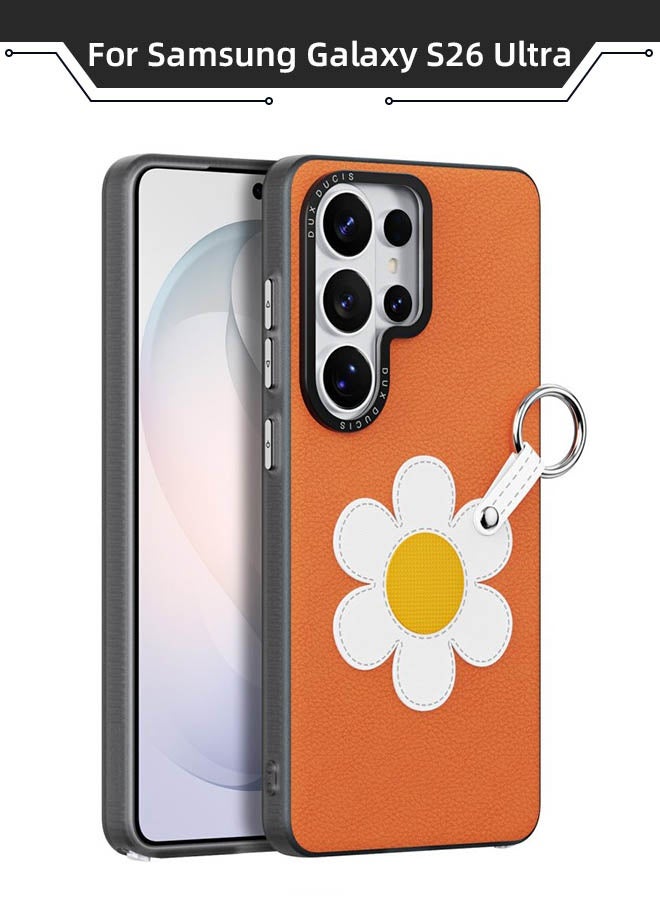 DUX DUCIS Samsung Galaxy S26 Ultra Case with LUVY Series, Combination of Fine PU Leather and Aluminum Alloy Materials, [Full-Border Air Cushion Drop Protection][Enhanced Camera and Button Protection][Detachable Wrist Strap][Built-in Metal Finger Ring] Micro-Sand Drop Protection Cover with Daisy Flower Decoration Design for Samsung Galaxy S26 Ultra 6.9 inch, Orange - Image 1