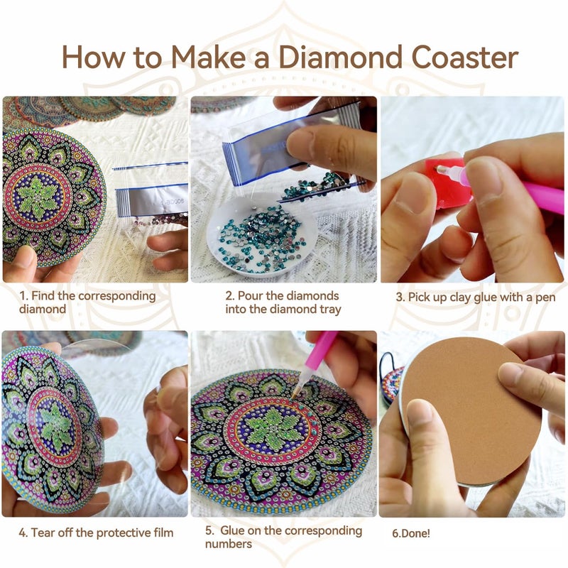 Vcekract Diamond Painting Coasters, 6 Pcs Mandala Diamond Art Coasters with Holder, Crafts Kits for DIY Coasters, Adult Crafts Projects Kits Women - Image 5
