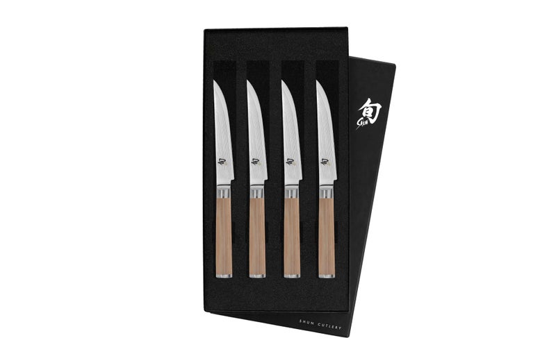 Shun Shun Classic Blonde Steak Knife Set, 4 Piece, 4.75" Knives, Handcrafted Japanese Steak Knife Set, VG-MAX Core with Damascus Stainless Steel Cladding, Pakkawood Handle  - Image 1