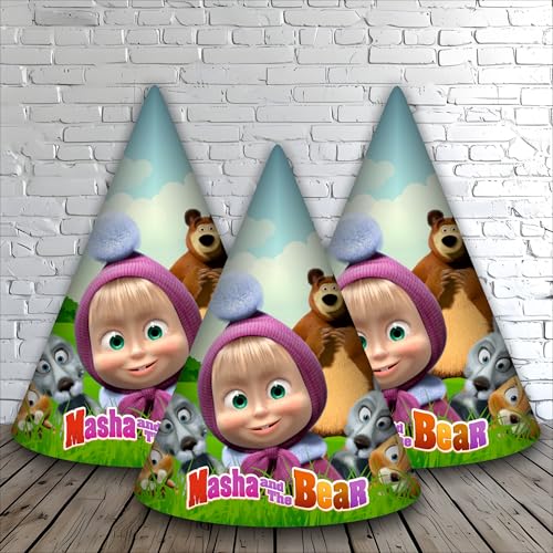 Party Baazaar Masha Birthday Party Caps for Kids | Cartoon Theme Cone Hats for Girls & Boys | Masha Birthday Decorations (Pack of 10) - Image 1
