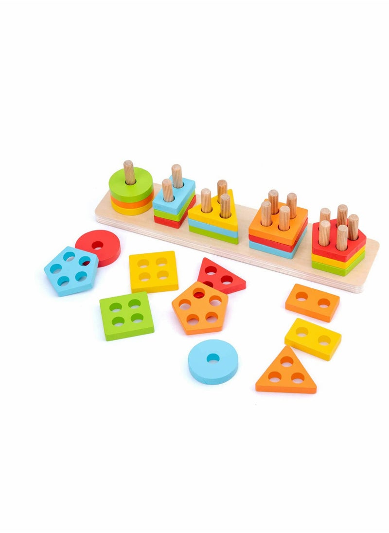 KASTWAVE - Wooden Sorting & Stacking Toy, Shape Sorter Toys for Toddlers, Montessori Color Recognition Stacker, Early Educational Block Puzzles for 1 2 3 Years Old Boys and Girls (5 Shapes) - Image 1