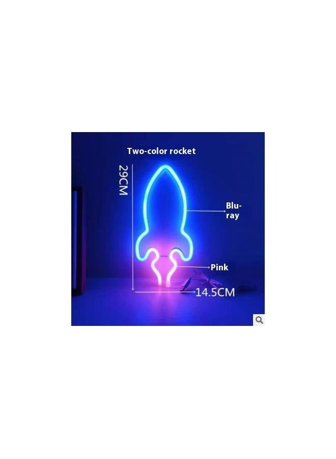 يونج شنج علامة نيون LED الصاروخ الشكل الصاروخية ديكور الجدار الوردي/الأزرق 14.5 × 29 سم ، روكيت كوكب علامات النيون LED ليلا فاتح اللون الوردي الأزرق الأضواء النيون الأضواء الزخرفية لغرفة المنزل هدايا عيد ميلاد (صاروخ) - Image 3