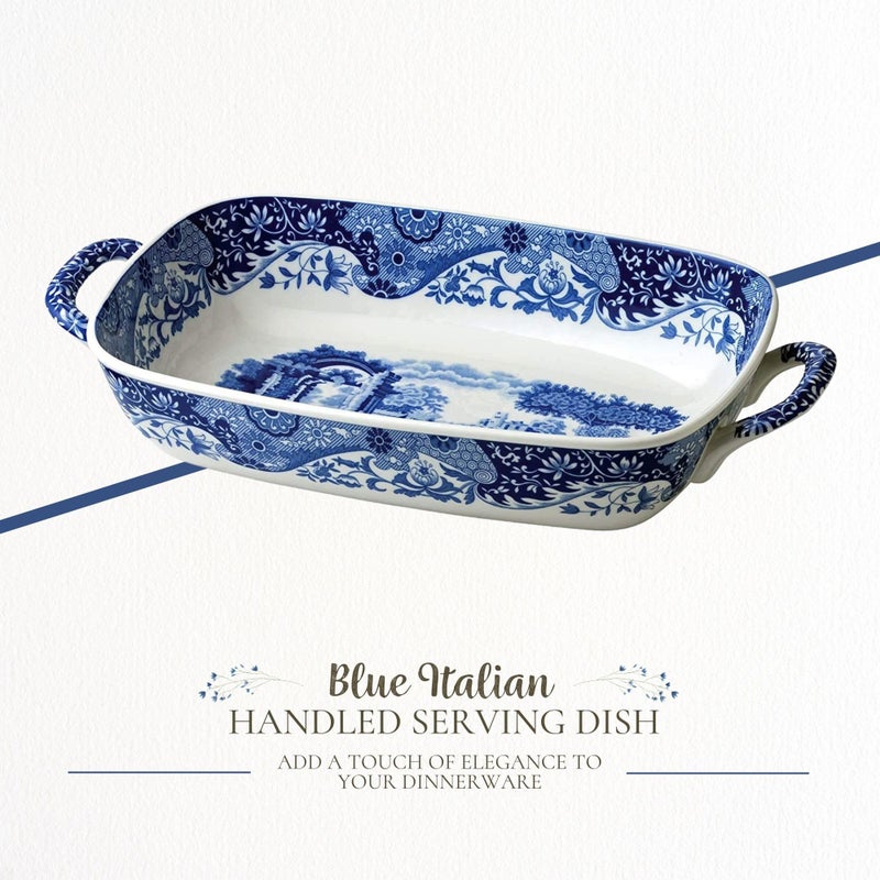 Spode Blue Italian Handled Serving Tray, Large Oven to Table Bakeware, Porcelain Lasagna Pan, Casserole Dish, Dishwasher and Oven Safe - Image 2