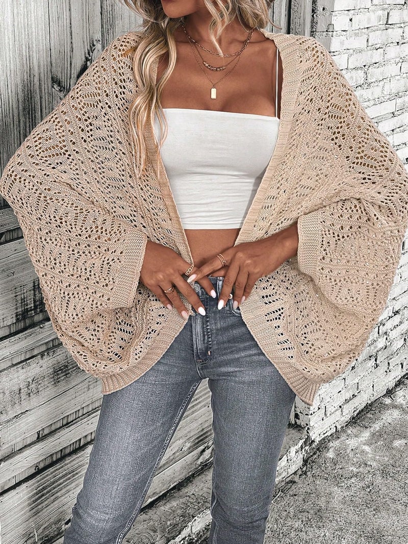 SHENHE Women's Open Front Loose Hollow Out Casual Dolman Sleeve Asymmetrical Cardigan Sweater Spring Outerwear Khaki Small - Image 4