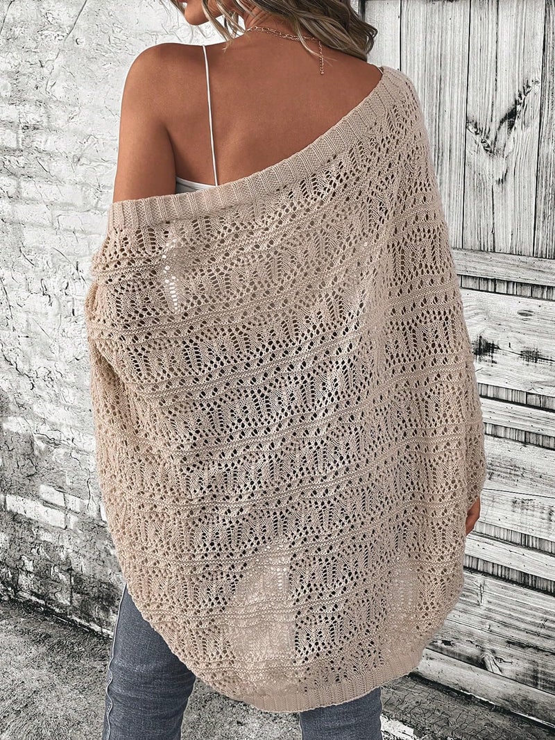 SHENHE Women's Open Front Loose Hollow Out Casual Dolman Sleeve Asymmetrical Cardigan Sweater Spring Outerwear Khaki Small - Image 2