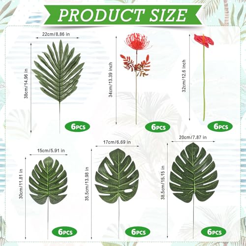 Hotop 36 Pcs Artificial Tropical Flowers for Summer Party Centerpieces Fake Floral Decor Set with Leucospermum Pincushion Flowers Anthurium Tropical Leaves MonsteraPalm for Table Centerpieces - Image 3