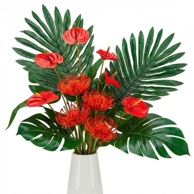 Hotop 36 Pcs Artificial Tropical Flowers for Summer Party Centerpieces Fake Floral Decor Set with Leucospermum Pincushion Flowers Anthurium Tropical Leaves MonsteraPalm for Table Centerpieces - Image 2