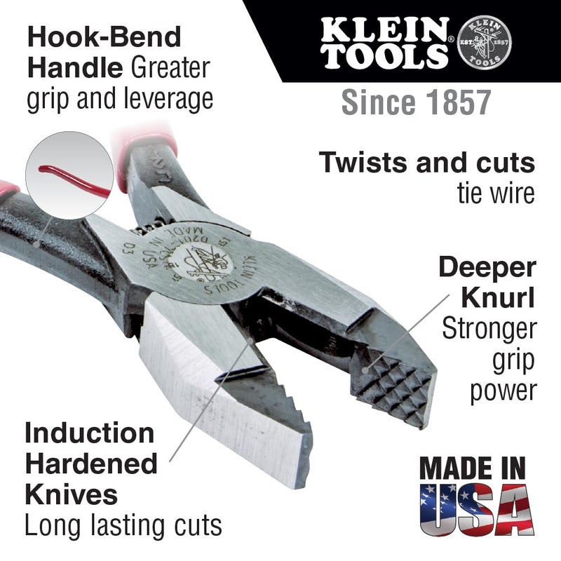 Klein Tools D201-7CSTA Linesman Pliers, Side Cutters with Spring Loaded Action, Ironworker Pliers have Aggressive Knurl and Tempered Handles - Image 2