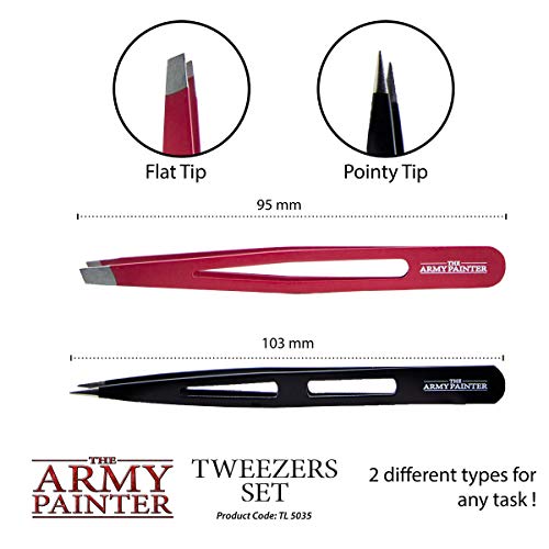 The Army Painter 2-Piece Precision Tweezers, Set of Slant & Pointy Tweezers, Craft Tweezers Precision Fine Point for Assembling Miniatures, Small Crafting Tweezers: 95mm Flat Tip & 103mm Pointy Tip - Image 2