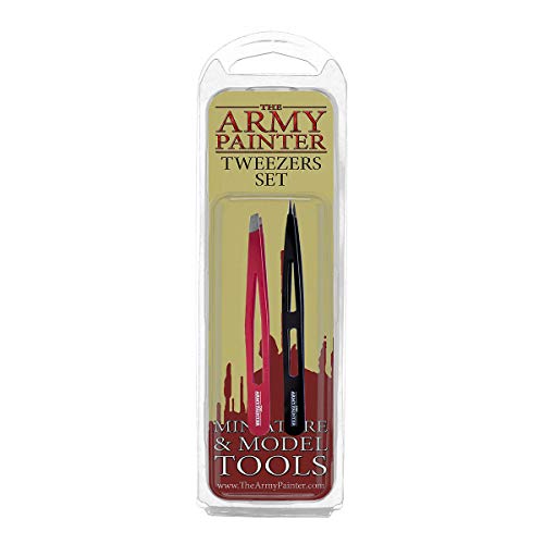 The Army Painter 2-Piece Precision Tweezers, Set of Slant & Pointy Tweezers, Craft Tweezers Precision Fine Point for Assembling Miniatures, Small Crafting Tweezers: 95mm Flat Tip & 103mm Pointy Tip - Image 1