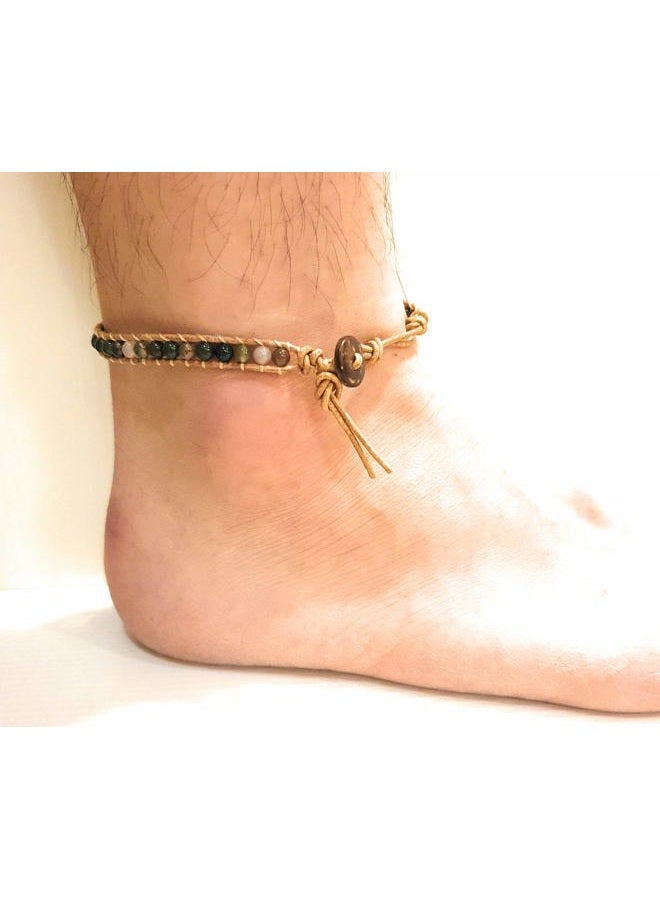 88 INFINITYEE888 Infinityee Ankle Bracelet Woven Light Brown Leather Vintage Handmade Hippie Bohemian Gypsy Boho Unisex Anklet for Men, Women, Teen Girls (Jasper stone), 10 inches, Stone - Image 5