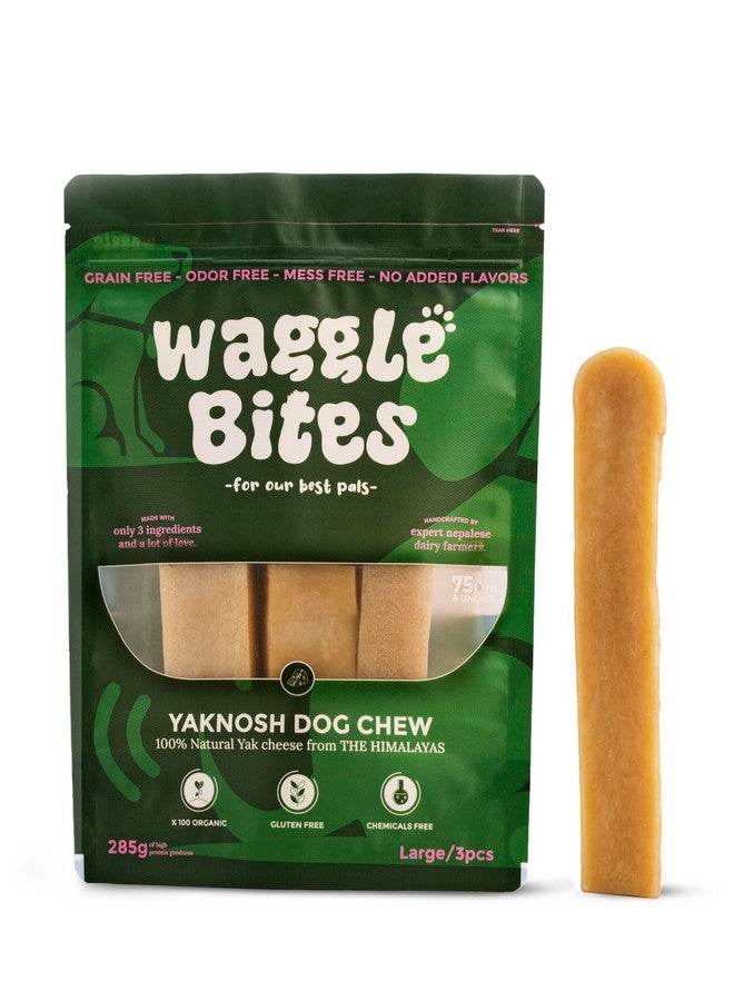 WaggleBites Dog Chew Original Yak Cheese، 100% طبيعي، طويل الأمد، مكافآت صحية وآمنة للكلاب التي يبلغ وزنها 75 رطلاً وأقل، 3 قطع [كبير] - 10 أونصة - Image 1