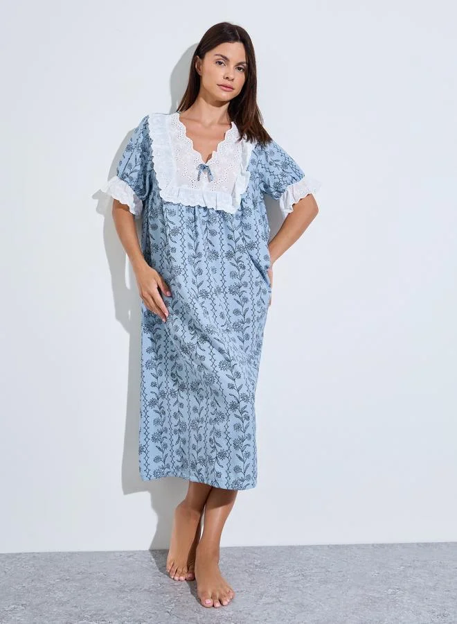 Styli Blue Floral Linear Print Ruffle Yoke Nightdress
