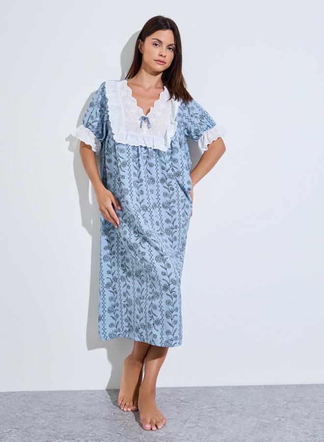 Styli Blue Floral Linear Print Ruffle Yoke Nightdress - Image 2