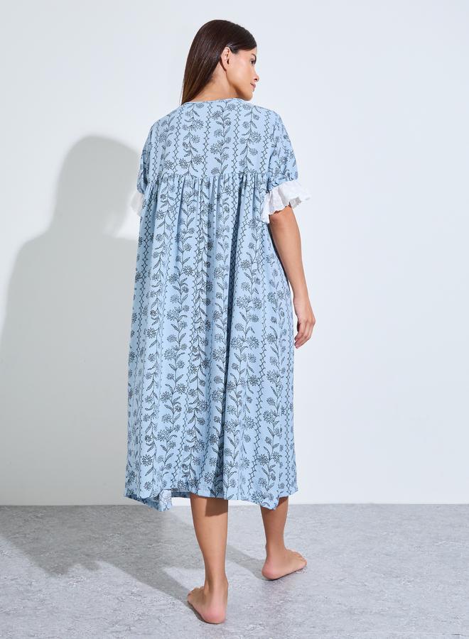 Styli Blue Floral Linear Print Ruffle Yoke Nightdress - Image 4