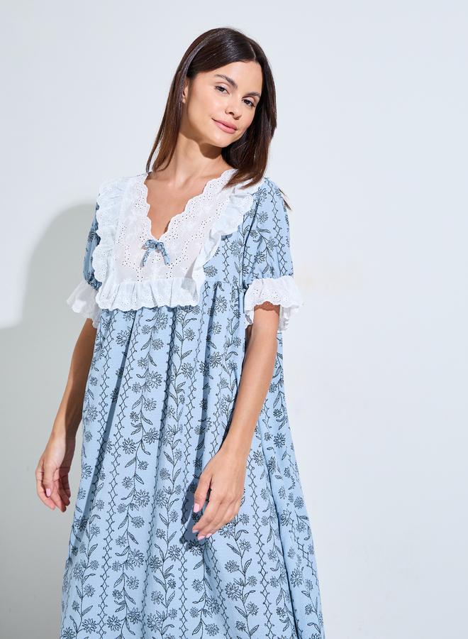 Styli Blue Floral Linear Print Ruffle Yoke Nightdress - Image 3