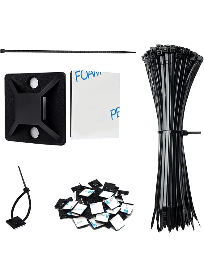 Green Tiger Zip Ties with Adhesive Mounts, 3/4in Cable Ties, 100pcs Durable Multi-Purpose Heavy Duty Wire Clips with Screw Hole & Strong Anchor Sticky Pads for Home/Office/Garage Organization (Black)