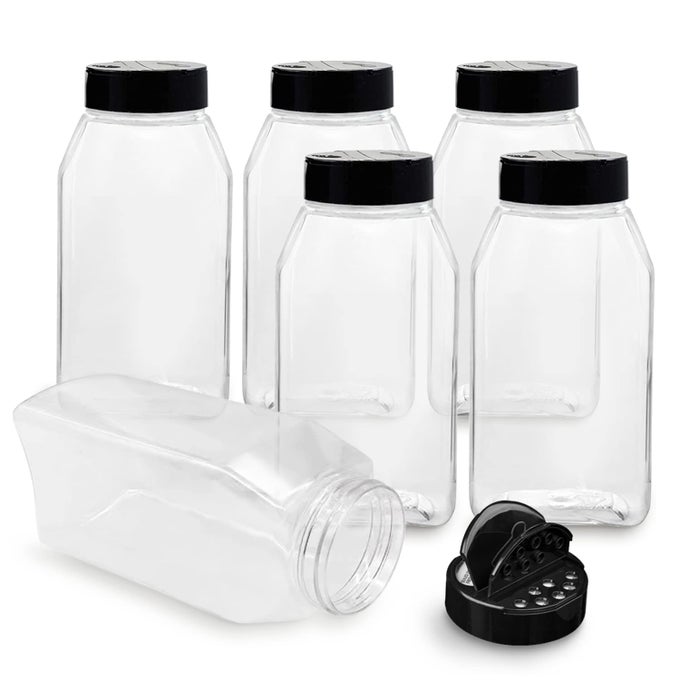 6 PACK 32 OZ WITH BLACK CAP PLASTIC SPICE JARS BOTTLES CONTAINERS PERFECT FOR STORING SPICE HERBS AND POWDERS LINED CAP SAFE PLASTIC PET BPA FREE MADE IN THE USA
