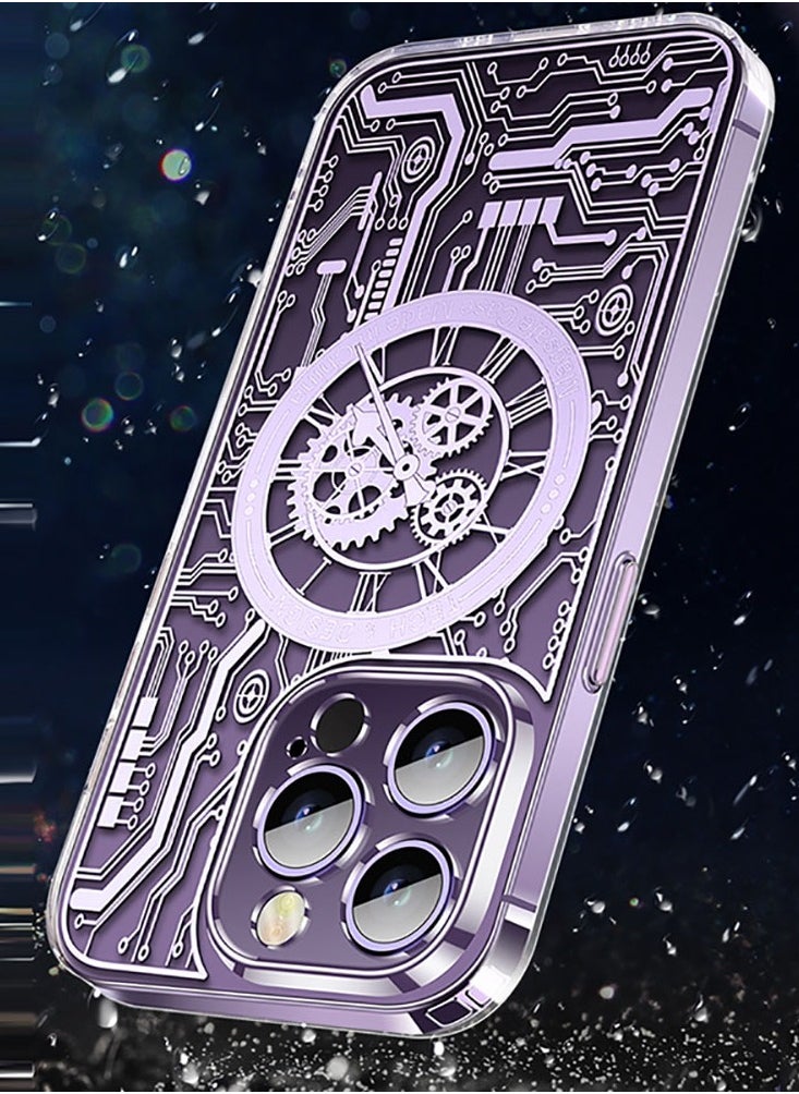 Color Fans MagSafe Magnetic Case for iPhone 14 Pro Punk Mechanical Transparent Purple Phone Case  - Image 3