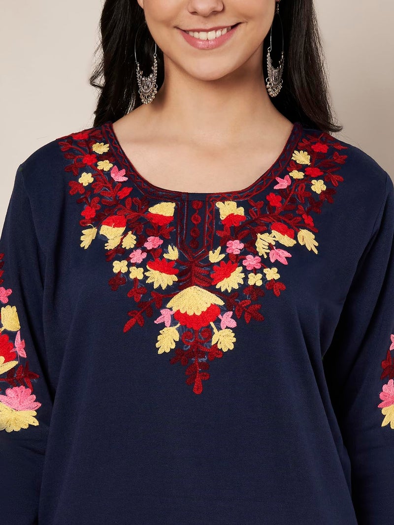TREND LEVEL Winter Warm Woolen Embroidery Kurta/Kurti for Women's (Multi Flower) (in, Alpha, 2XL, Hand by Flower_Navy- Off White) - Image 5