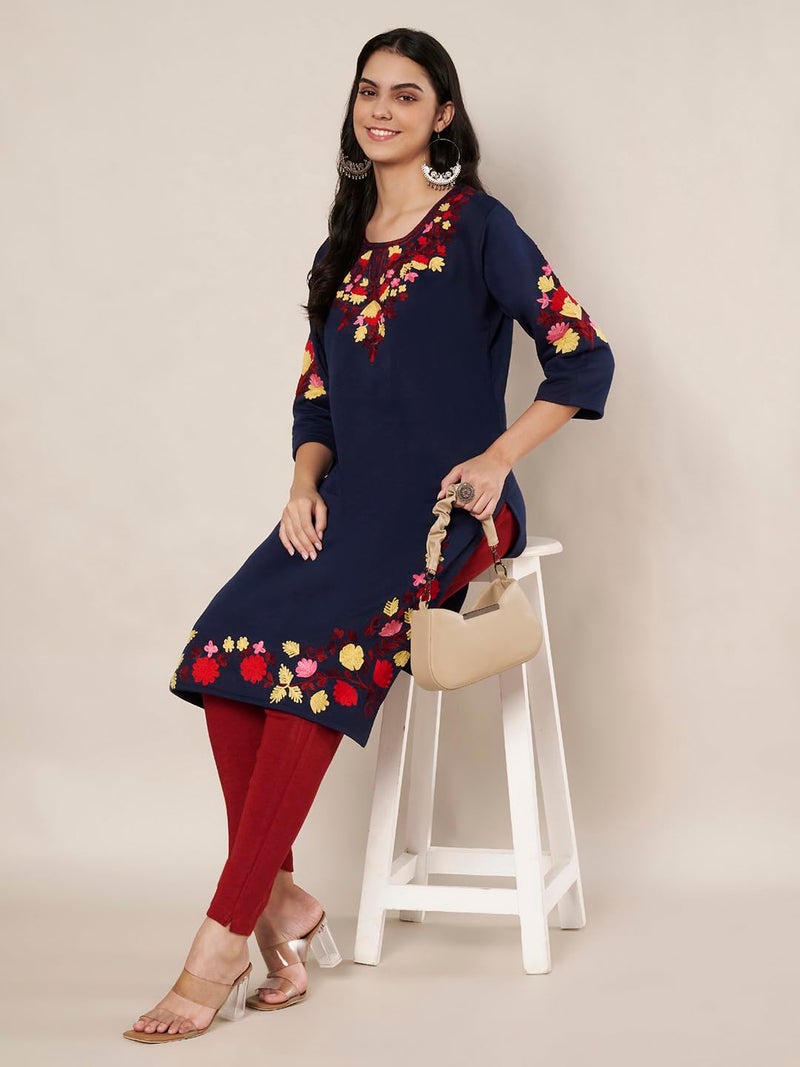 TREND LEVEL Winter Warm Woolen Embroidery Kurta/Kurti for Women's (Multi Flower) (in, Alpha, 2XL, Hand by Flower_Navy- Off White) - Image 4