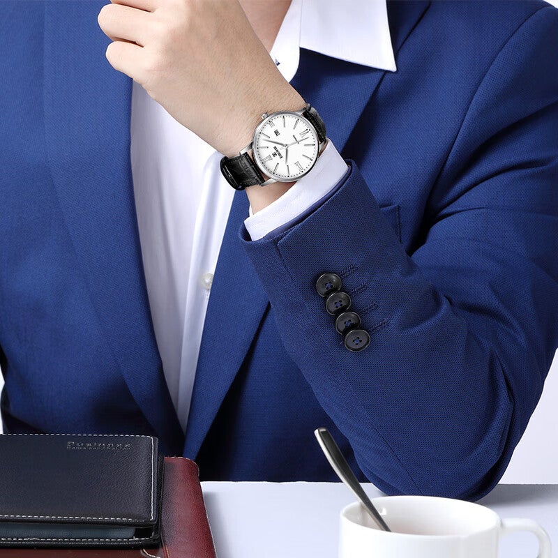JD Jing Zao EBOHR Men's Watch, Master Series White Leather Strap Quartz Men's Watch, Birthday And Holiday Gift for Boyfriend, 36070138 - Image 1