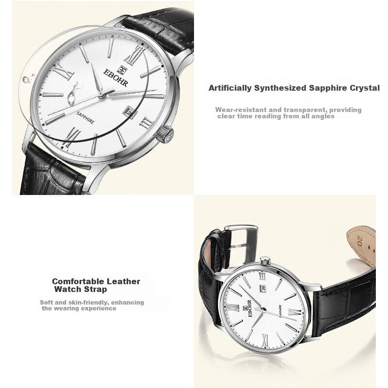 JD Jing Zao EBOHR Men's Watch, Master Series White Leather Strap Quartz Men's Watch, Birthday And Holiday Gift for Boyfriend, 36070138 - Image 3