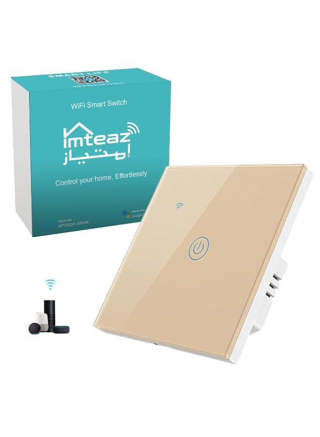 Imteaz WiFi Smart Wall Light Switch, No Neutral Wire Required, No Hub Required, Compatible with Google Home & Alexa, Touch & App Remote Control, Timing Function & Voice Control  (Gang 1, Gold) - Image 1