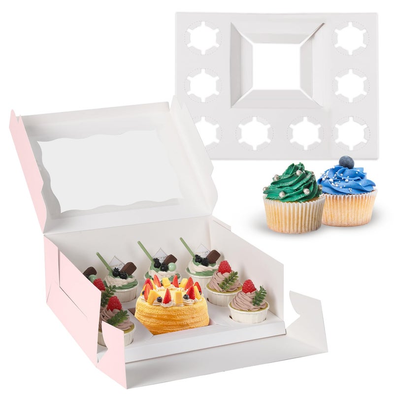JCD 1+2 Cupcake paper box Perfect for Bento Box and Cupcakes, Bento Cake and Boxes Combo, Boxes Fit 2 Regular Cupcakes and Mini Cake. (Pink 1+8/8Pcs) - Image 1