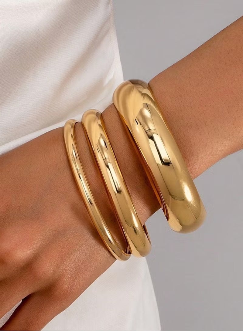 Huitich 3-Piece Gold Color Tone Chunky & Sleek Bangle Bracelet Set - Image 3