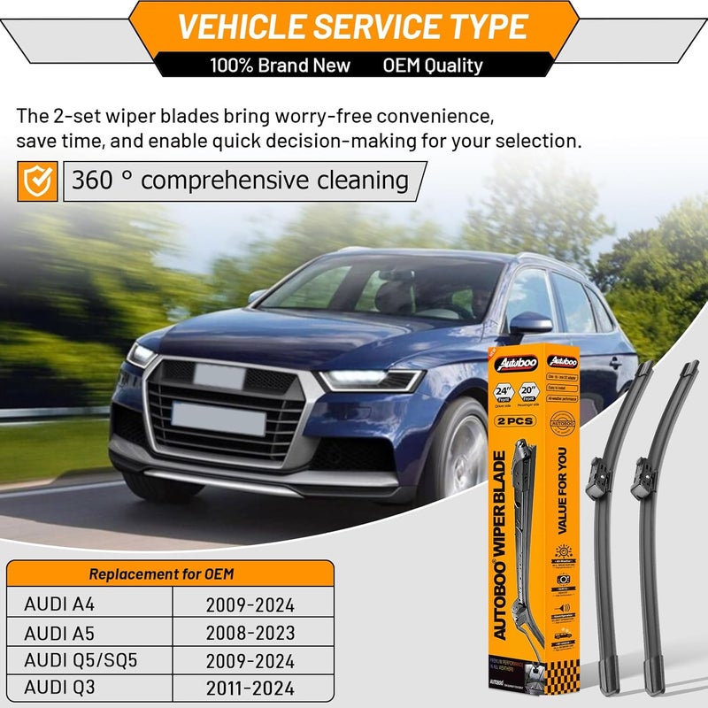AUTOBOO OEM Wiper Blades Replacement for Audi A4 Q5 Q3 RS5 S5 allroad 2009-2020 Original Equipment Replacement Windshield Wipers 24 inch / 20 inch -Original Factory Quality (Set of 2) Top Lock 16mm - Image 2