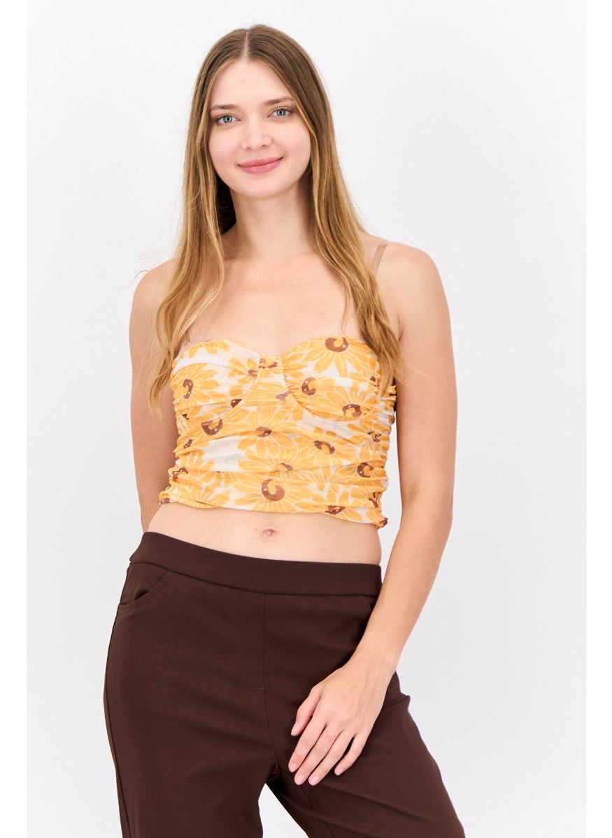 MANGO Women Sweetheart Neck Strapless Floral Print Top, Yellow  - Image 1