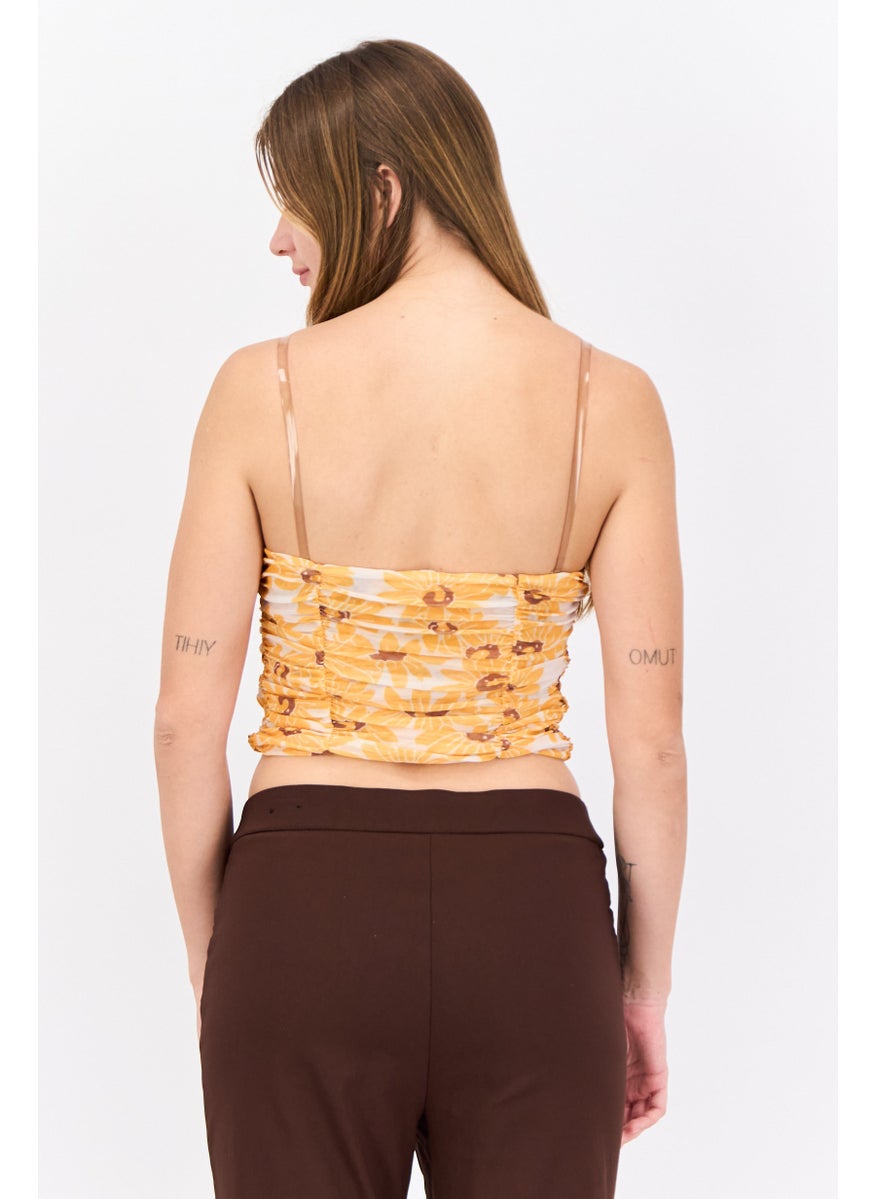 MANGO Women Sweetheart Neck Strapless Floral Print Top, Yellow  - Image 3