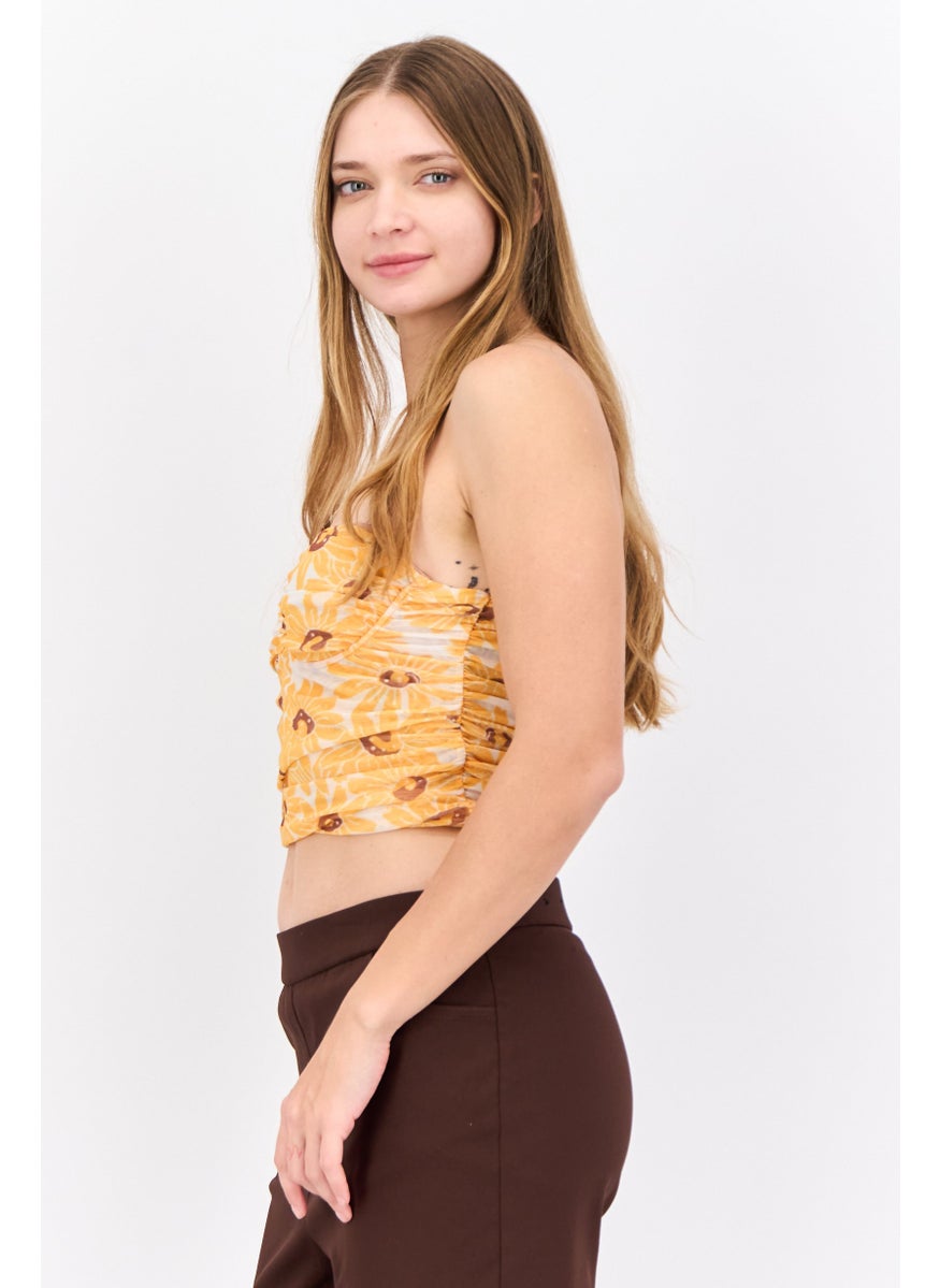 MANGO Women Sweetheart Neck Strapless Floral Print Top, Yellow  - Image 2
