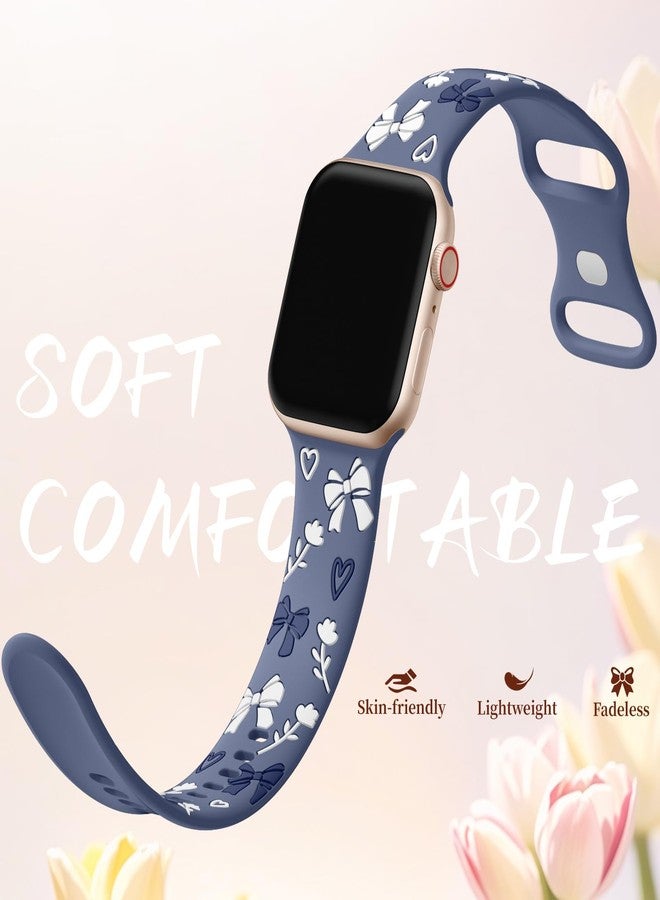 Lerobo Floral Engraved Bands Compatible with Apple Watch Band 38mm 40mm 41mm 42mm 44mm 45mm 46mm for Women, Cute Bow Soft Silicone Inlay Sport Strap for iWatch Series 11 10 9 8 7 6 5 4 3 2 1 SE Ultra - Image 3