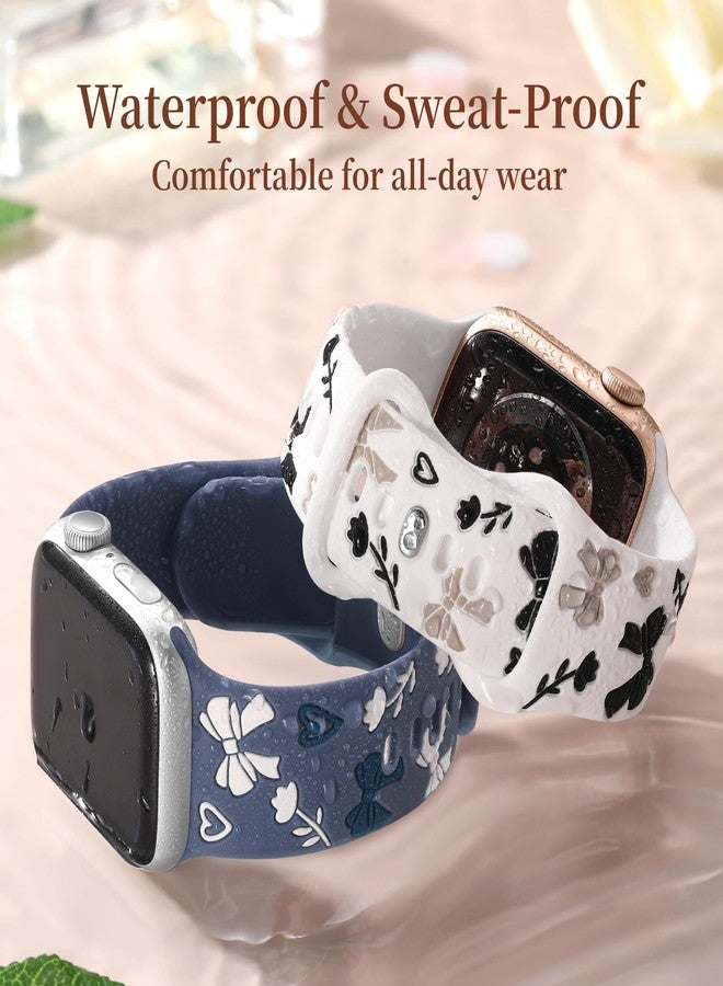 Lerobo Floral Engraved Bands Compatible with Apple Watch Band 38mm 40mm 41mm 42mm 44mm 45mm 46mm for Women, Cute Bow Soft Silicone Inlay Sport Strap for iWatch Series 11 10 9 8 7 6 5 4 3 2 1 SE Ultra - Image 4