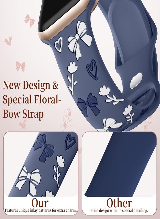 Lerobo Floral Engraved Bands Compatible with Apple Watch Band 38mm 40mm 41mm 42mm 44mm 45mm 46mm for Women, Cute Bow Soft Silicone Inlay Sport Strap for iWatch Series 11 10 9 8 7 6 5 4 3 2 1 SE Ultra - Image 5