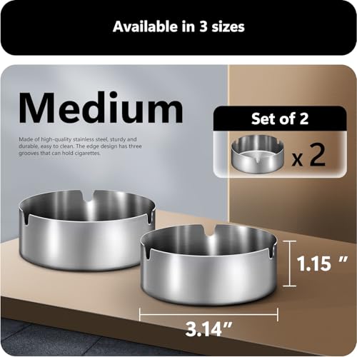 roygra Outdoor Ashtray for Outside Patio (2 Pack), Stainless Steel Ashtrays for Smokers Indoor, Home Table Decor, Patio Decorations Outdoor, Home Decorative Ashtrays for Cigarettes - Silver, Medium - Image 2